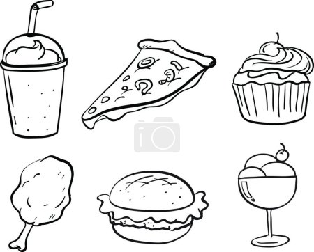 Ilustración de Doodle diseños de los diferentes alimentos, ilustración vectorial diseño simple - Imagen libre de derechos