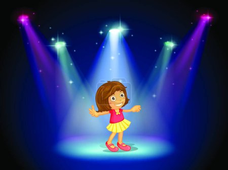Illustration for Little girl dancing in the middle of the stage with spotlights - Royalty Free Image