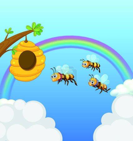 Illustration for Beehive and the three bees, vector illustration simple design - Royalty Free Image