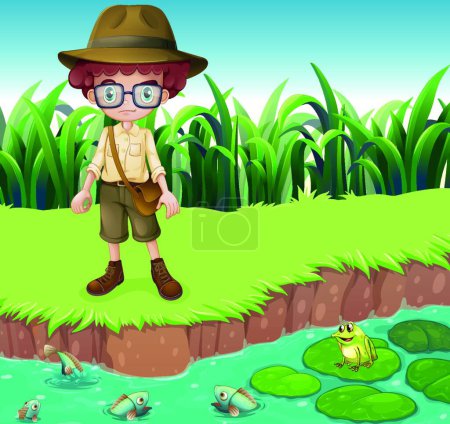 Illustration for Serious looking boy at the riverbank, vector illustration simple design - Royalty Free Image