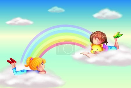 Téléchargez les illustrations : Deux filles le long de l'arc-en-ciel, illustration vectorielle conception simple - en licence libre de droit
