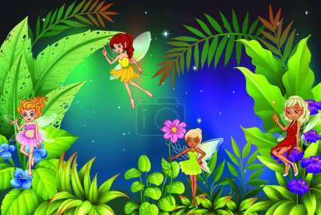 Illustration for Garden with four fairies, vector illustration simple design - Royalty Free Image