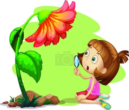 Téléchargez les illustrations : Une fille tenant une loupe sous une fleur, illustration vectorielle design simple - en licence libre de droit