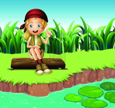 Téléchargez les illustrations : Fille assise sur un bois le long de la rivière, illustration vectorielle conception simple - en licence libre de droit