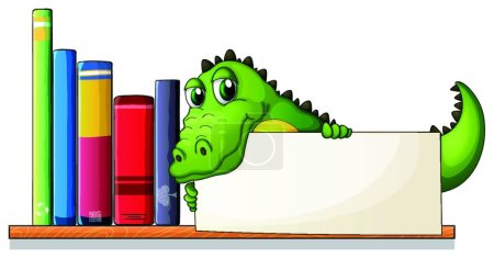 Téléchargez les illustrations : Crocodile tenant une planche vide au-dessus de l'étagère en bois avec des livres - en licence libre de droit