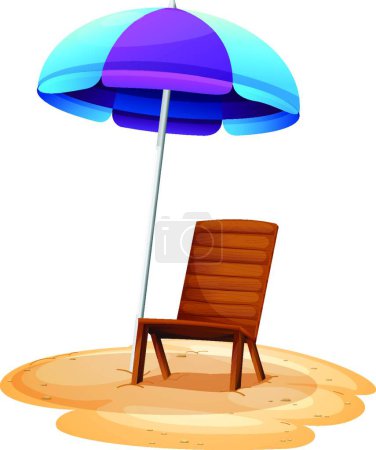 Téléchargez les illustrations : Un parasol à rayures et une chaise en bois, illustration vectorielle design simple - en licence libre de droit