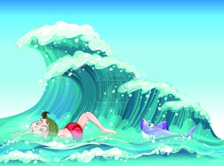 Téléchargez les illustrations : Garçon nageant avec un requin à l'arrière, illustration vectorielle design simple - en licence libre de droit