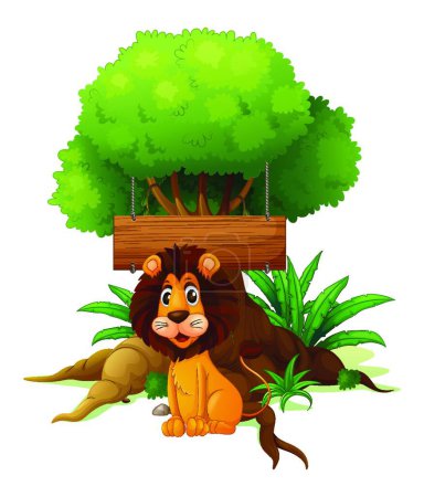 Illustration for A lion in front of an empty wooden signboard - Royalty Free Image