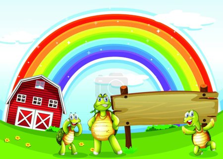 Ilustración de Tres tortugas cerca del letrero de madera y el arco iris - Imagen libre de derechos