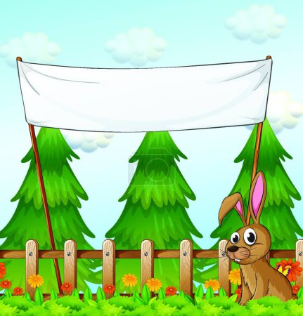 Ilustración de Conejo cerca de la valla de madera debajo de la bandera vacía, vector ilustración diseño simple - Imagen libre de derechos