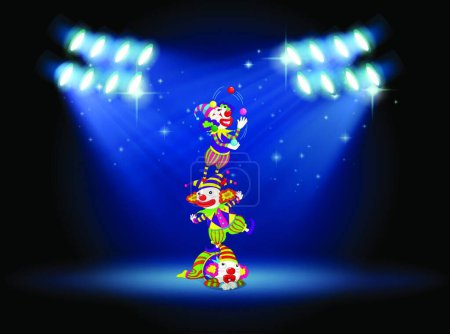 Illustration for "Three clowns performing on the stage with spotlights " - Royalty Free Image