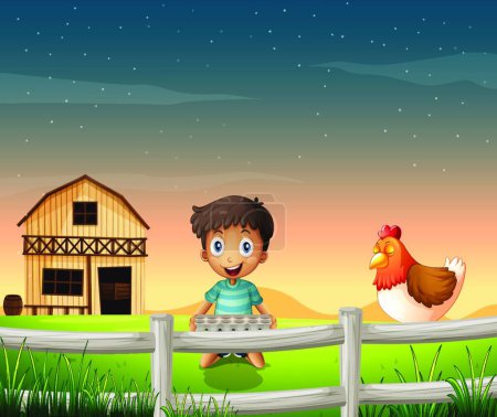 Illustration for "A boy holding an egg tray near the sleeping chicken" - Royalty Free Image