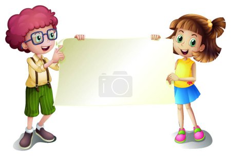 Téléchargez les illustrations : Une jeune fille et un jeune garçon tenant un panneau vide - en licence libre de droit