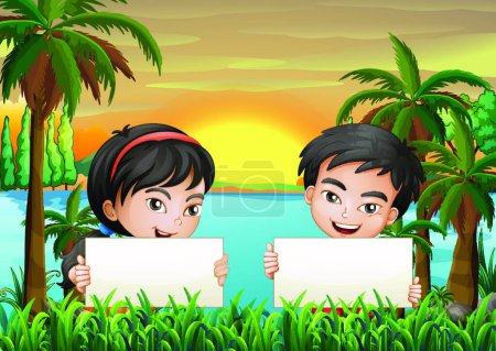 Ilustración de Dos niños sonrientes en la orilla del río sosteniendo dos letreros vacíos - Imagen libre de derechos