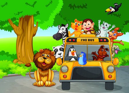 Téléchargez les illustrations : Un bus zoo plein d'animaux, illustration vectorielle design simple - en licence libre de droit