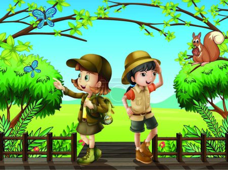 Téléchargez les illustrations : Une fille et un garçon au pont en bois, illustration vectorielle design simple - en licence libre de droit