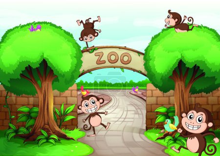 Ilustración de Monos en zoológico, ilustración vectorial diseño simple - Imagen libre de derechos