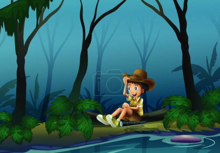 Illustration for A male explorer relaxing near the riverbank, vector illustration simple design - Royalty Free Image