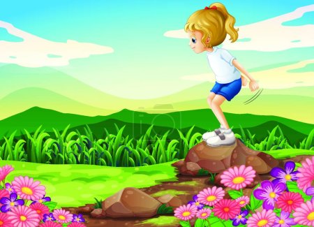 Téléchargez les illustrations : Jeune fille jouant au sommet de la colline avec des rochers et un jardin - en licence libre de droit