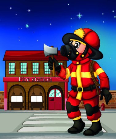 Ilustración de Bombero sosteniendo un hacha fuera de la estación de bomberos - Imagen libre de derechos