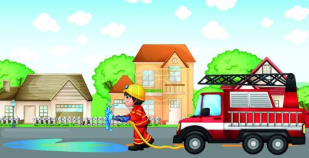 Ilustración de "Un bombero sosteniendo una manguera con un camión de bomberos en la parte trasera
" - Imagen libre de derechos