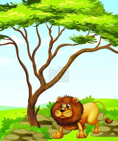 Ilustración de León cerca de un gran árbol en las colinas, vector ilustración diseño simple - Imagen libre de derechos