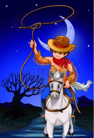Téléchargez les illustrations : Cow-boy tenant une corde tout en montant un cheval - en licence libre de droit