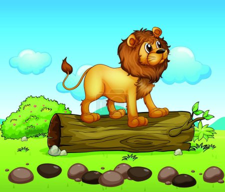 Illustration for "A lion standing above a trunk of a tree" - Royalty Free Image