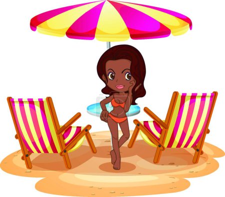 Illustration for "A tan lady at the beach near the beach umbrella and chairs" - Royalty Free Image
