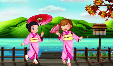 Illustration for Girls wearing kimono, vector illustration simple design - Royalty Free Image