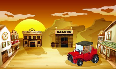 Téléchargez les illustrations : Jeepney rouge à l'extérieur du saloon, illustration vectorielle design simple - en licence libre de droit