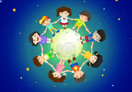Illustration for Kids holding their hands together while standing above the Earth - Royalty Free Image