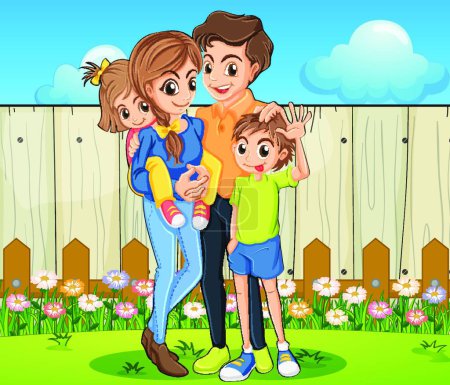 Téléchargez les illustrations : Famille à l'arrière-cour avec une clôture en bois, illustration vectorielle conception simple - en licence libre de droit