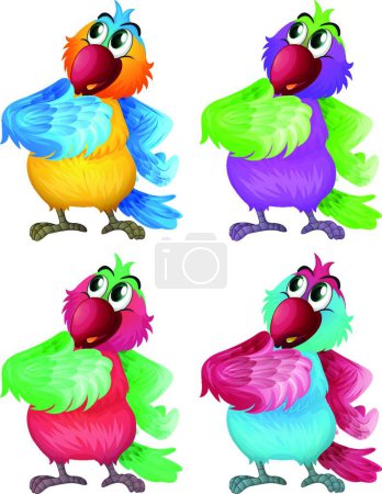 Téléchargez les illustrations : Quatre perroquets colorés, illustration vectorielle design simple - en licence libre de droit