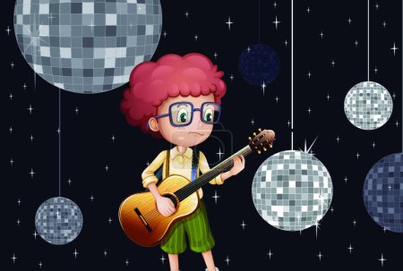 Illustration for Boy playing with his guitar at the disco house - Royalty Free Image