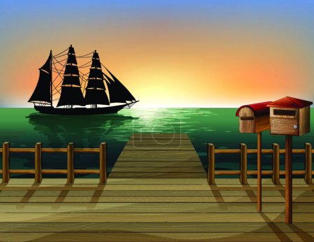 Ilustración de Puesta de sol en el puerto, ilustración vectorial diseño simple - Imagen libre de derechos