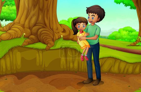 Téléchargez les illustrations : Père et sa fille à la forêt, illustration vectorielle design simple - en licence libre de droit