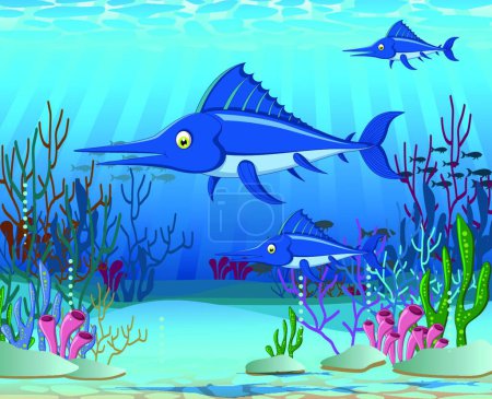 Ilustración de "divertido pez aguja de dibujos animados con la vida marina backgrund" - Imagen libre de derechos