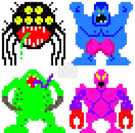 Téléchargez les illustrations : "pire cauchemar terrifiant monstres pixel art" - en licence libre de droit
