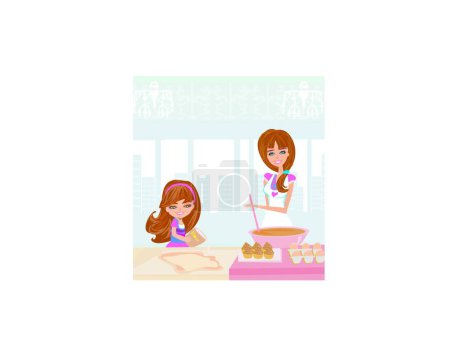 Illustration for "Family baking cakes" colorful vector illustration - Royalty Free Image