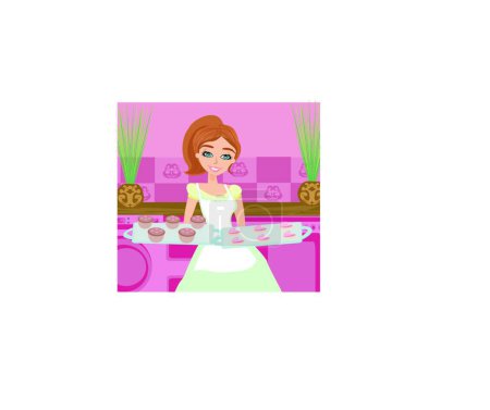 Illustration for "Housewife serving cookies " colorful vector illustration - Royalty Free Image