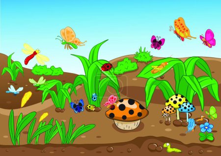 Téléchargez les illustrations : Famille d'insectes sur le terrain, illustration vectorielle design simple - en licence libre de droit