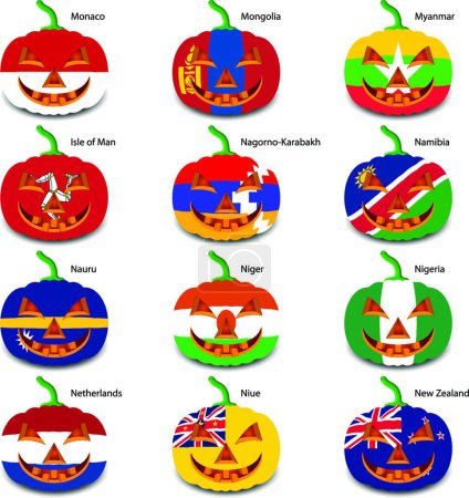 Illustration for "Set pumpkins for Halloween as a flags of the world. Vector illustration" - Royalty Free Image