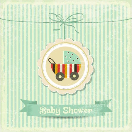 Illustration for Retro baby shower card with stroller - Royalty Free Image