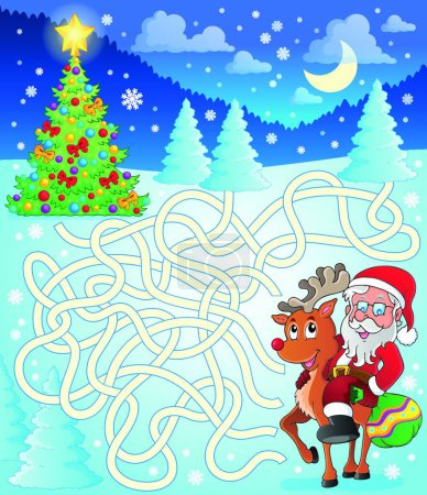 Téléchargez les illustrations : Labyrinthe 12 avec le Père Noël et les cerfs, illustration vectorielle design simple - en licence libre de droit
