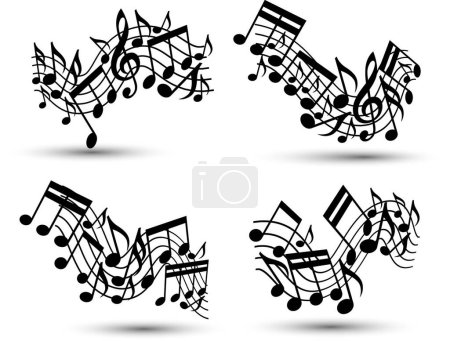 Ilustración de "Vector negro alegre ondulado pentagramas con notas musicales en el respaldo blanco
" - Imagen libre de derechos