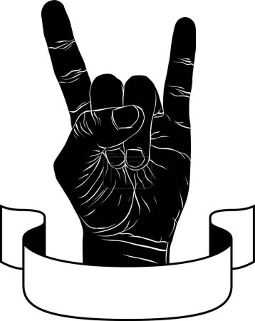 Téléchargez les illustrations : Rock on hand signe créatif avec ruban, emblème de la musique - en licence libre de droit