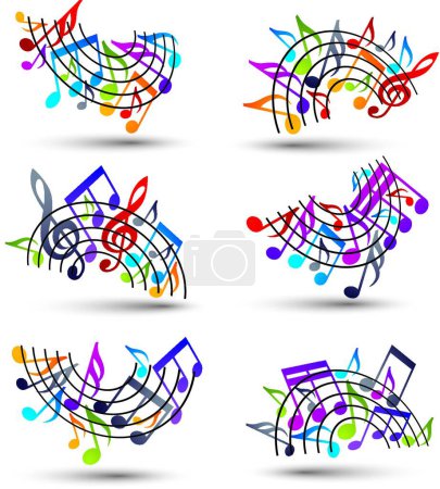 Ilustración de Brillante alegre vector pentagramas con notas musicales sobre fondo blanco - Imagen libre de derechos