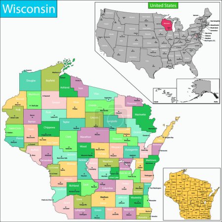 Illustration for Wisconsin map, web simple illustration - Royalty Free Image