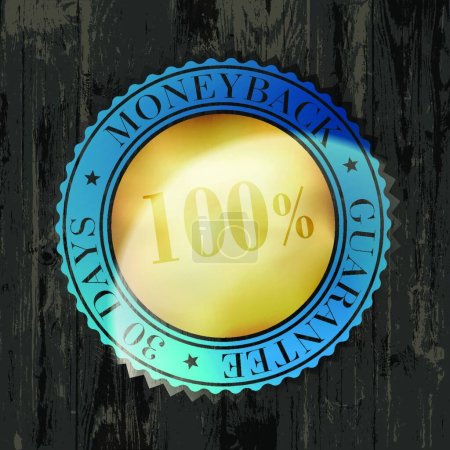 Illustration for Moneyback Guaranteed Label with Gold Badge Sign on Wooden Texture - Royalty Free Image
